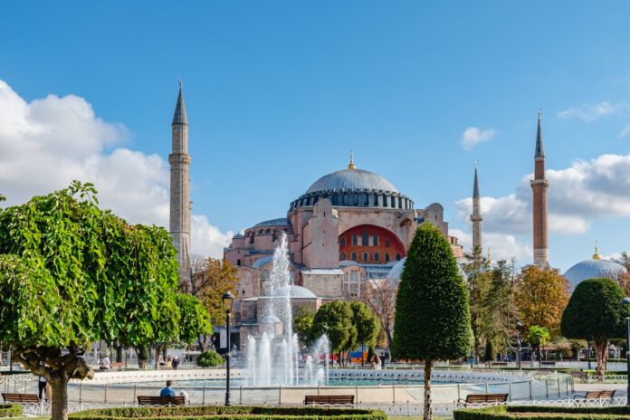 Hagia Sophia in Istanbul under a clear sky, the iconic landmark of Sultanahmet