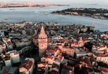 Your 12-Item To-Do List for Unforgettable Istanbul Experiences Aerial view of the Galata Tower surrounded by buildings and the Bosphorus in Istanbul