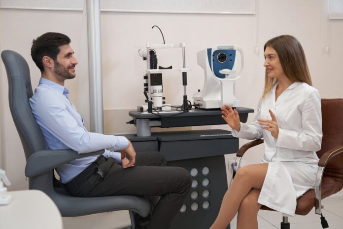Patient receiving an eye examination at an ophthalmologist's office in Istanbul