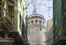 Galata Walking Guide: From Tower to Tünel View of Galata Tower from a historic old street in Istanbul