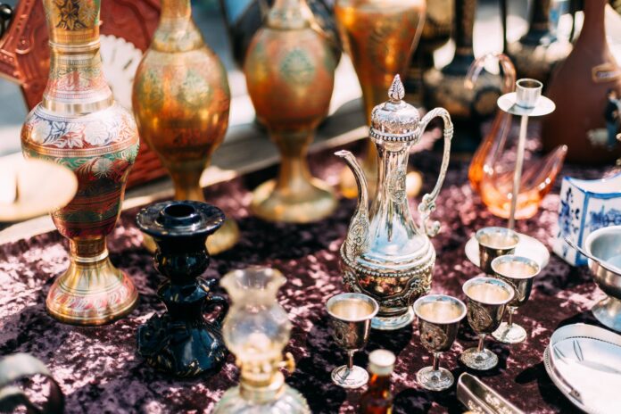 istanbul-flea-market-vintage-antiques Engraved metal Oriental jug on display at a flea market